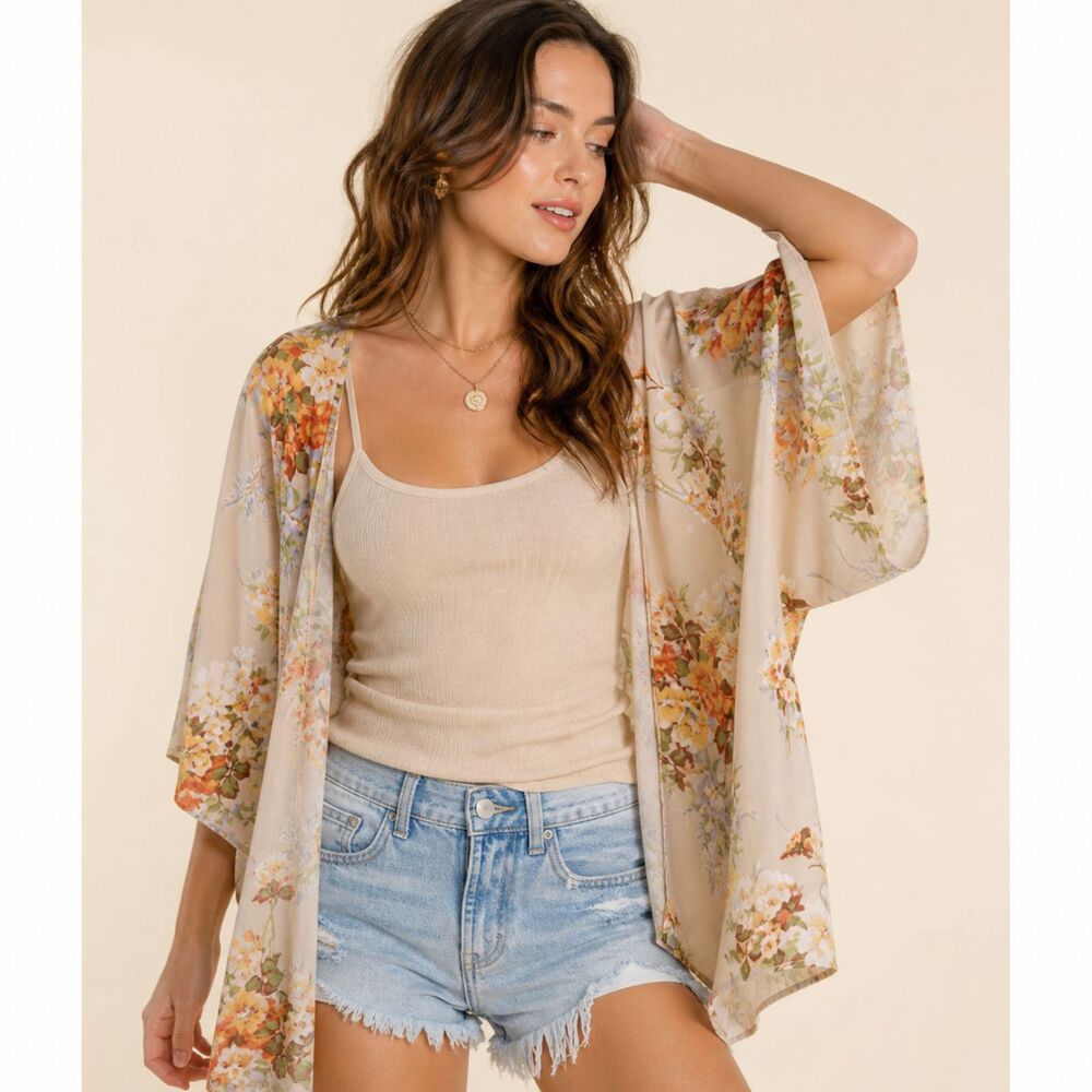 New Umgee M/L 10 12 14 English Garden Open Flowy Chiffon Kimono Sleeve Jacket